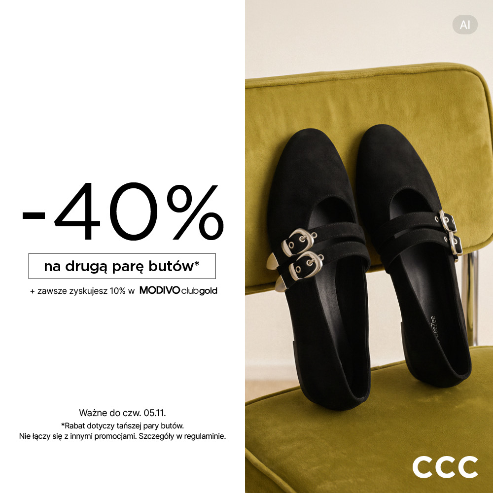 Grafika promocyjna sieci obuwniczej CCC informująca o rabacie -40% na drugą parę butów oraz korzyści +10% w MODIVO club gold. Po prawej stronie na oliwkowym fotelu ustawiono parę czarnych damskich półbutów z ozdobnymi klamrami. Po lewej stronie na białym tle umieszczono duży napis z wysokością rabatu, a w dolnej części widnieje termin obowiązywania oferty do czwartku 05.11, logo CCC oraz przypisy regulaminowe.