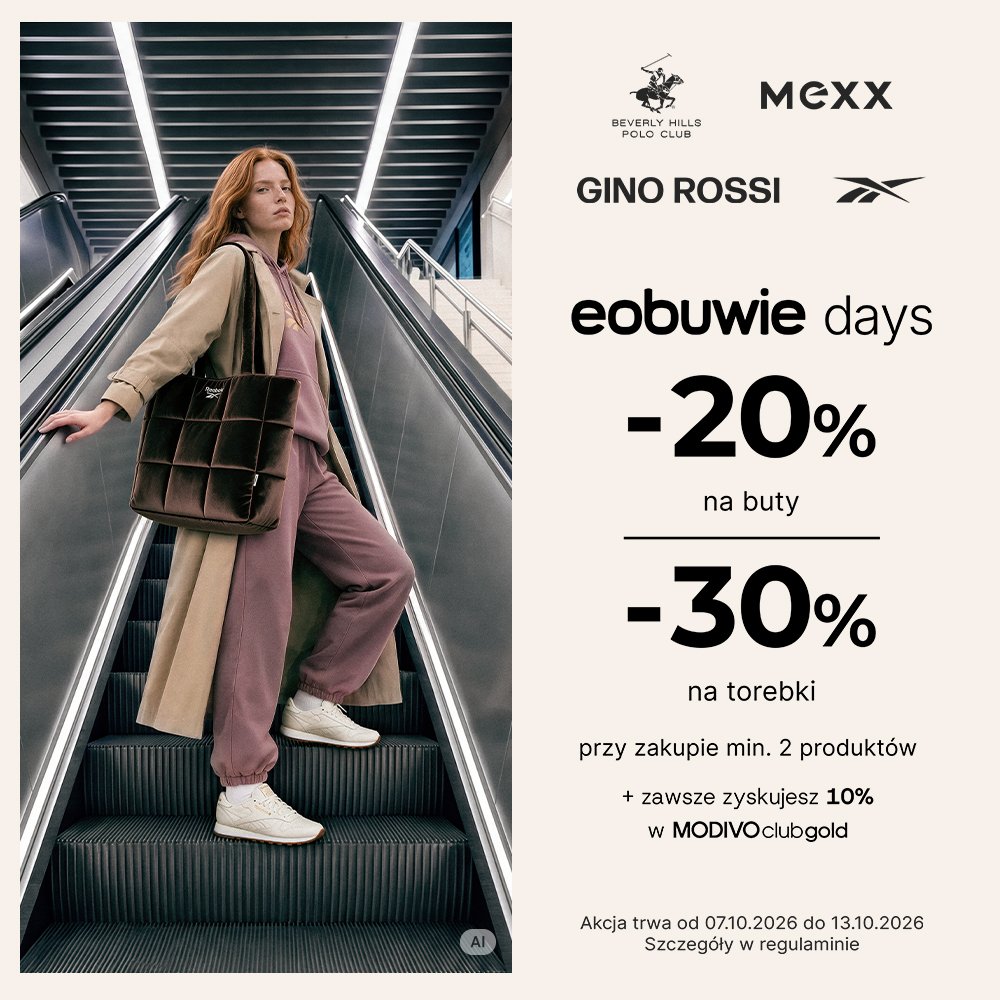 Grafika promocyjna akcji „eobuwie days” w Centrum Galaxy. Po lewej stronie na zdjęciu widoczna jest ruda modelka w beżowym trenczu, różowym dresie i białych sneakersach, stojąca na ruchomych schodach i trzymająca ciemnobrązową, pikowaną torbę. W prawym górnym rogu umieszczono logo marek takich jak Beverly Hills Polo Club, Mexx, Gino Rossi oraz Reebok. W prawej części na jasnym tle znajdują się napisy informujące o promocji: „eobuwie days”, rabat „-20% na buty” oraz „-30% na torebki” przy zakupie minimum dwóch produktów, a także dodatkowa informacja o 10% zysku w MODIVOclubgold. Na samym dole zamieszczono termin obowiązywania akcji od 07.10.2026 do 13.10.2026 oraz informację o regulaminie.