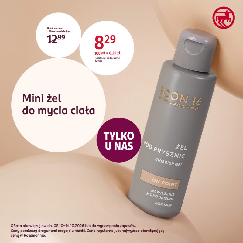 Grafika promocyjna sieci Rossmann prezentująca mini żel pod prysznic dla mężczyzn „ICON 16 by Kuba Błaszczykowski”. Na beżowym tle widoczny jest szary flakon żelu z biało-złotymi napisami, a w centralnej części znajduje się fioletowe koło z hasłem „Tylko u nas” oraz białe bąble informacyjne z cenami i opisem produktu. Cena promocyjna wynosi 8,29 zł, natomiast najniższa cena z ostatnich 30 dni przed obniżką to 12,99 zł. U dołu grafiki zamieszczono informację o obowiązywaniu oferty w dniach 08.10–14.10.2026 lub do wyczerpania zapasów oraz warunki cenowe obowiązujące w drogeriach Rossmann.